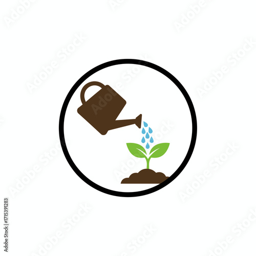 A logo of a watering can nourishing a small green plant sprout, framed within a circular border.