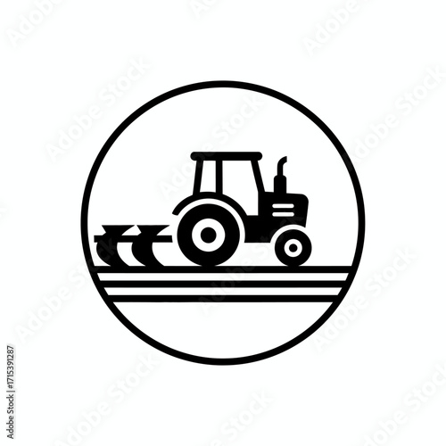 A circular black icon featuring a tractor with a plow, symbolizing the mechanization of modern farming and agriculture.