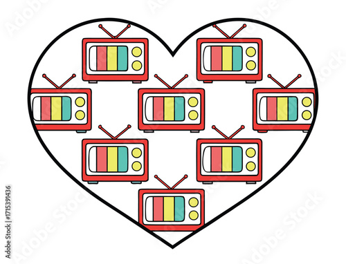 Heart shape containing retro television sets colorful vintage technology love illustration