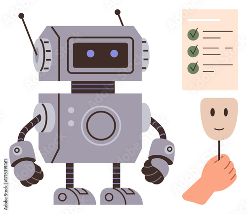Vintage robot standing by checklist and hand holding a smiling mask. Ideal for AI, technology, ethics, decision-making, human behavior, robotics, education. A simple flat metaphor