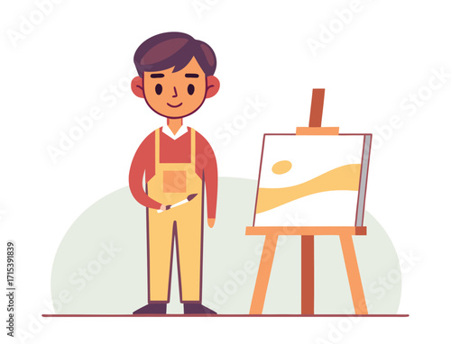 Cartoon artist standing in front of canvas painting a landscape scene