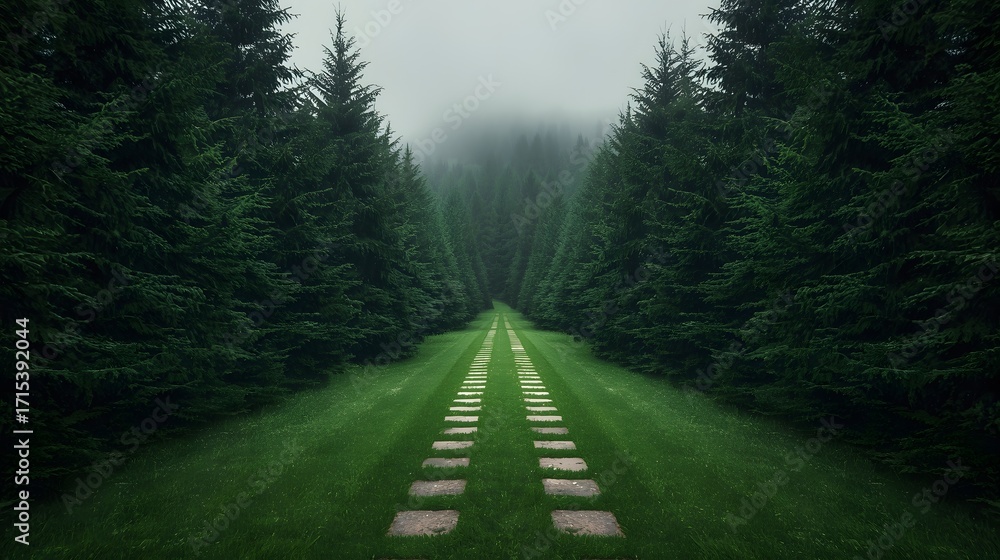 Obraz premium Misty forest path leading through dense evergreen trees with a straight stone walkway surrounded by lush green grass, evoking calmness, nature symmetry, and mysterious morning atmosphere