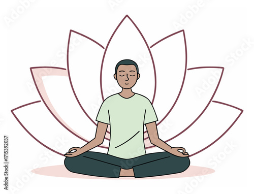 Man meditating in lotus position with a large flower in the background