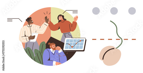 Professionals celebrating success with a high-five near growth chart and connected computer mouse. Ideal for teamwork, business growth, communication, success, connectivity, analysis, engagement. A