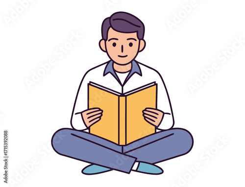 Man Sitting Cross Legged Reading a Book in Casual Clothes Illustration