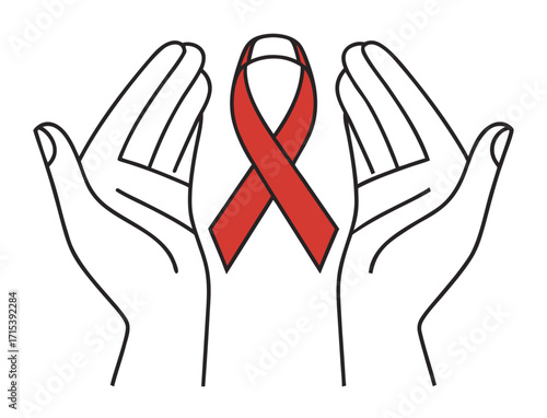 Awareness red ribbon support in outstretched hands symbol of hope and unity