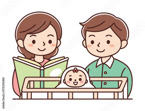 Happy family with baby in crib mom reading book dad watching illustration