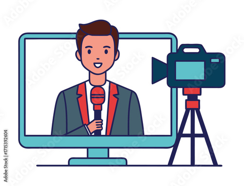 News anchor on screen delivering news with a camera recording him live