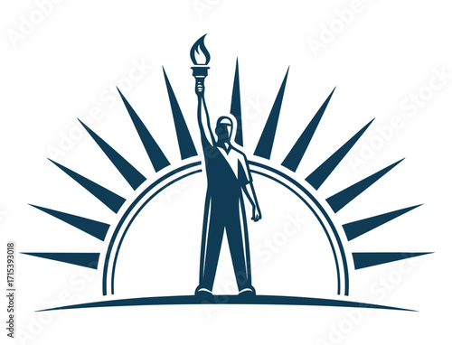 Figure holding a torch high with sun rays freedom and enlightenment illustration