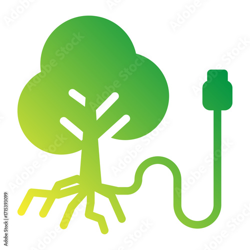 Tree with charger cable flat gradient icon for mindful tech-nature balance