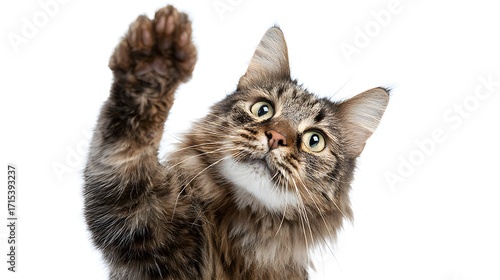A fluffy cute tabby cat with a raised paw on a white background.