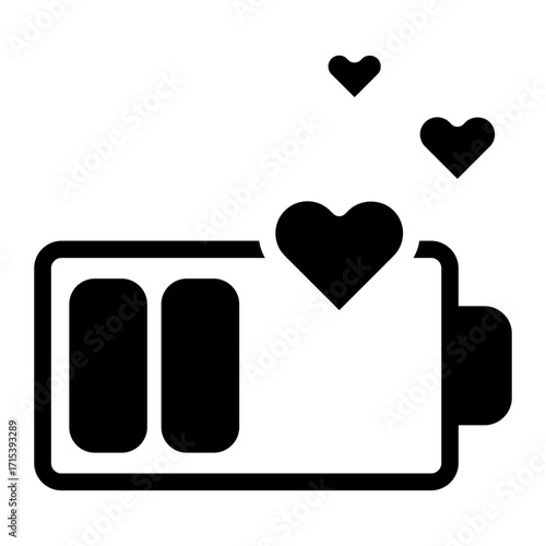 Battery with hearts glyph icon for emotional energy recharge