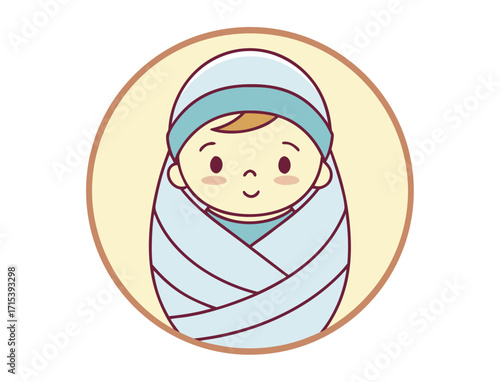 Cute newborn baby swaddled in blanket icon inside a circle design