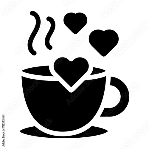 Coffee cup with hearts glyph icon for mindful break and joy
