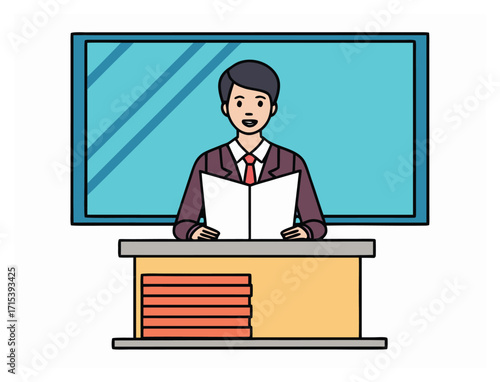 TV news anchor or presenter in studio reading script confidently
