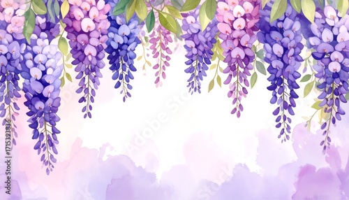 Delicate wisteria blooms in shades of purple and pink,  hanging against a soft watercolor background