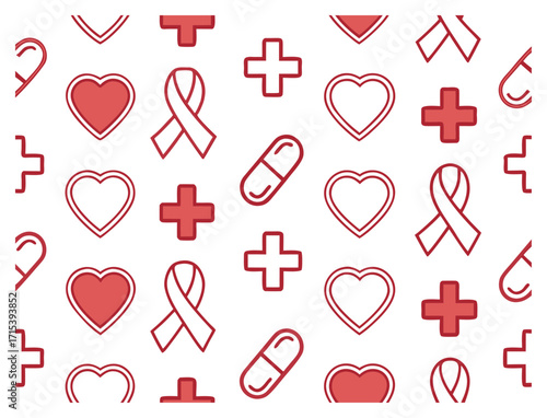 Seamless pattern with medical symbols hearts ribbons crosses and pills background