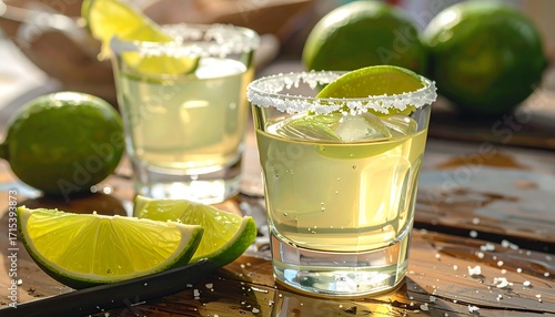 Two shot glasses of tequila with fresh lime slices and a salted rim, bathed in natural light, create a vibrant and appetizing image.