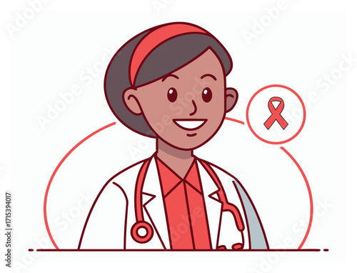 Female doctor with awareness ribbon symbolizing support for cancer patients and research