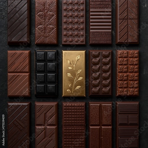 Luxurious arrangement of assorted chocolate bars in dark, milk, and gold varieties with elegant embossed textures, creating a rich gourmet background ideal for food branding and packaging concepts