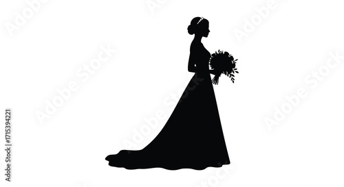 Elegant silhouette of a bride holding a bouquet in a flowing gown