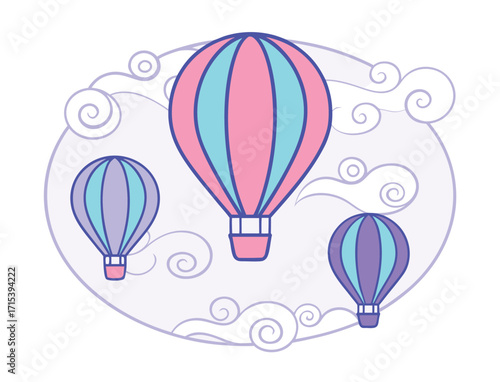 Three Hot Air Balloons Floating Among Swirling Clouds in Pastel Colors