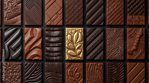 Luxurious arrangement of assorted chocolate bars in dark, milk, and gold varieties with elegant embossed textures, creating a rich gourmet background ideal for food branding and packaging concepts