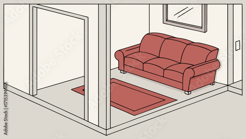 Isometric living room interior design with red sofa and rugs for home decor inspiration ideas