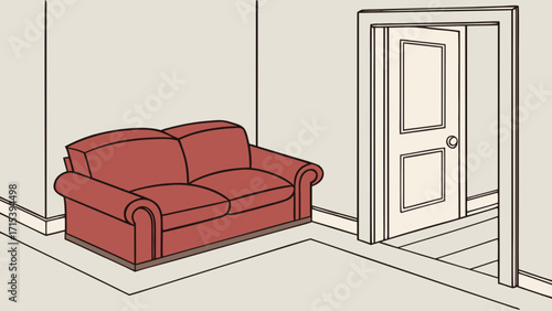 Illustration of living room interior design with red sofa and open door leading to stairs area