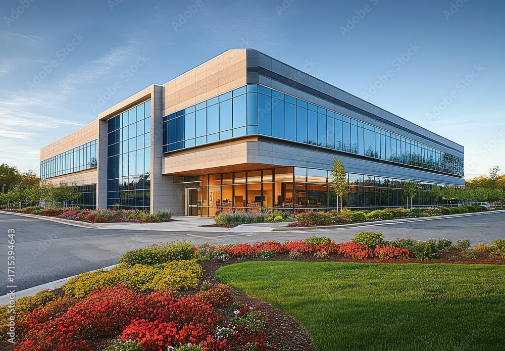Obraz premium modern two-story office building with large reflective windows surrounded by well-maintained colorful flowerbeds and green lawns under clear blue sky