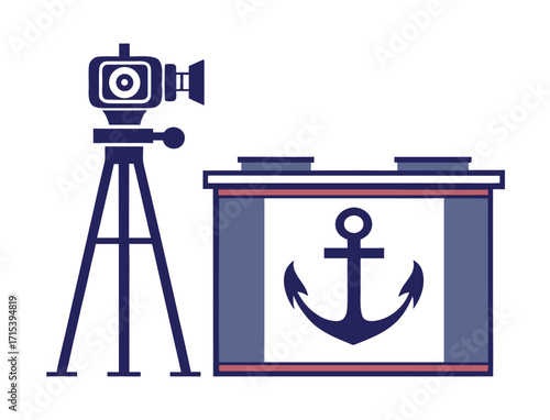 Vintage camera on tripod and reception desk with anchor logo design