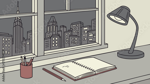 Night cityscape view from window with desk lamp and notebook illustration for background design