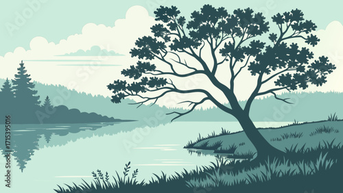 Vector landscape illustration of serene lake with tree and forest background for graphic design