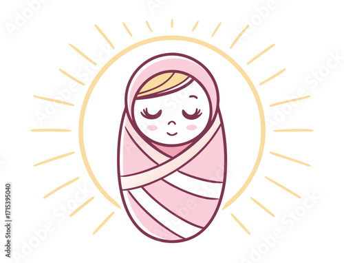 Cute newborn baby wrapped in a pink blanket radiating light and happiness