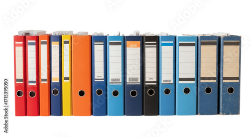 Diverse Row of Old and New Office Binders Archive and Organizational Collection. clipping path, Business concept, PNG, graphic resources.