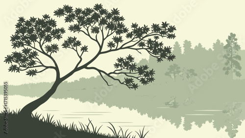 Silhouette tree landscape vector art with lake reflection and forest background scenic view nature illustration