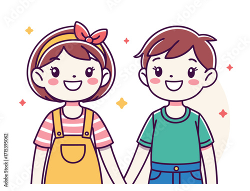 Cute cartoon illustration of a boy and girl holding hands smiling cheerfully