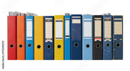 Diverse Row of Old and New Office Binders Archive and Organizational Collection. clipping path, Business concept, PNG, graphic resources.