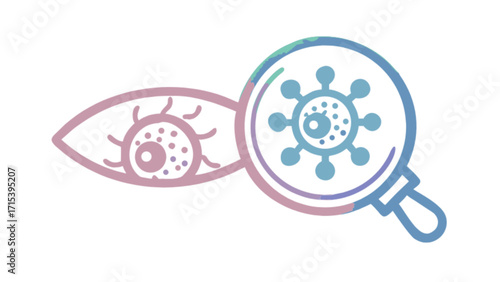Eye infection diagnosis and treatment concept using magnifying glass to view virus cells