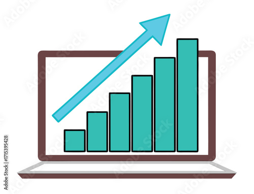 Illustration of laptop showing growing graph with rising arrow indicating success