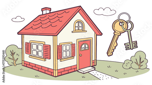 Cute house with keys vector illustration for real estate property ownership and home buying concept
