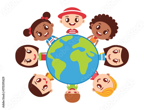 Multicultural children holding hands around the Earth world peace concept art