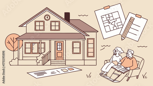 Dream home planning and design illustration with couple reviewing blueprints and house plans idea