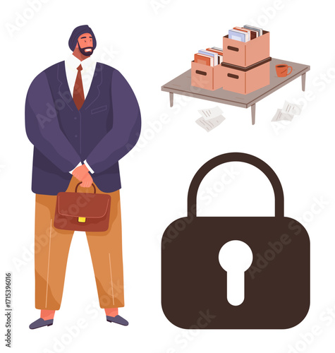 Man holding briefcase beside table with files, boxes, and scattered papers. Large padlock conveys security, privacy, and data protection. Ideal for business, privacy, data security office