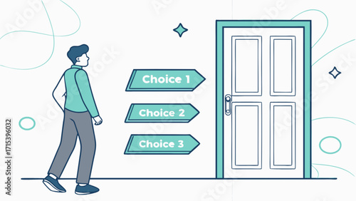 Making choices concept decision making process man choosing opportunity door options future direction