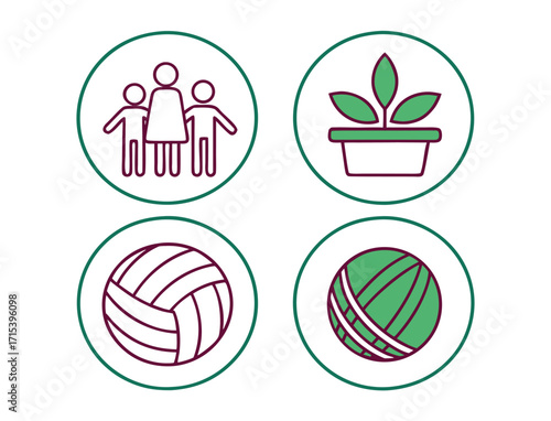 Icon set showing family gardening sports and crafting hobby activities