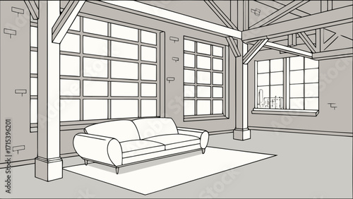 Modern loft apartment interior design with large windows sofa and rug architecture illustration