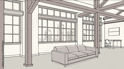 Modern loft apartment interior design with sofa, windows, and city view illustration style