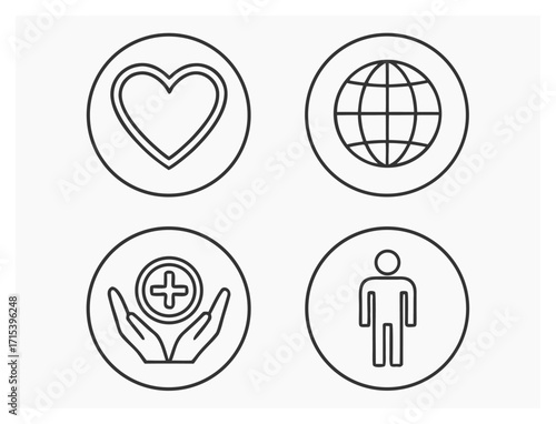 Line art icons representing love globe healthcare and person universal symbols