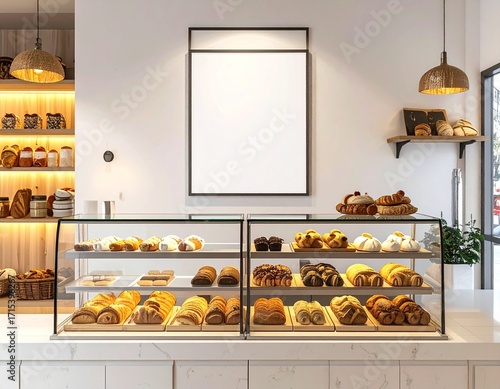 Interior of a modern and stylish bakery with a display case full of fresh pastries and a blank white mockup frame on the wall for advertising